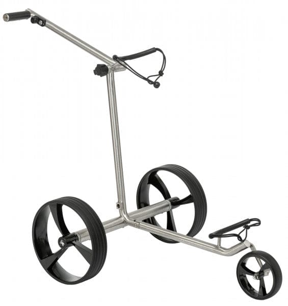 Golftrolley Leisure Golf Ikarus 2.0 mit Edelstahl geschliffenem Rahmen und schwarzen Kunststoffrädern.