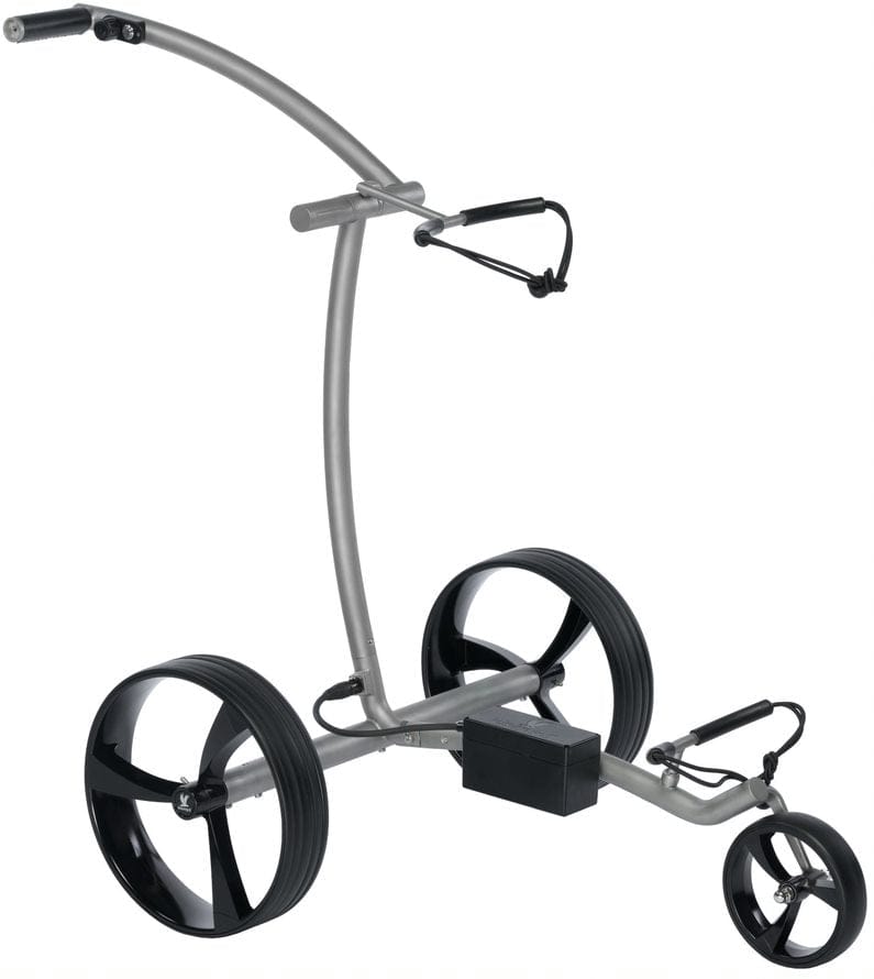 Leisure Golf Spirit Curve Elektrotrolley mit gebürstetem Edelstahlrahmen und großem schwarzen Hinterrad.