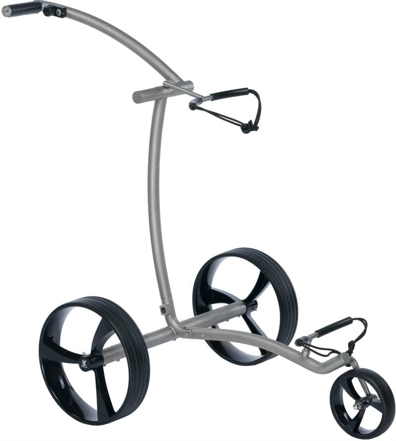 Leisure Golf Spirit Curve Elektrotrolley Edelstahl geschliffen mit zwei großen schwarzen Rädern und einem kleinen Vorderrad.