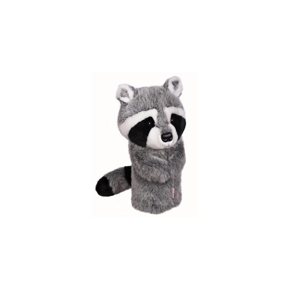Weicher grauer Waschbär-Headcover für Driver und Fairway mit detaillierter Gesichts- und Schwanzgestaltung.
