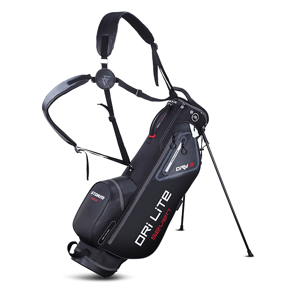 Schwarzes Big Max Dri Lite Seven G Golf-Standbag mit weißen und roten Akzenten, Tragegurt und Ständer.
