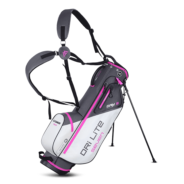 Weißes Big Max Dri Lite Seven G Golf Standbag mit pinken Akzenten und Tragegurt.