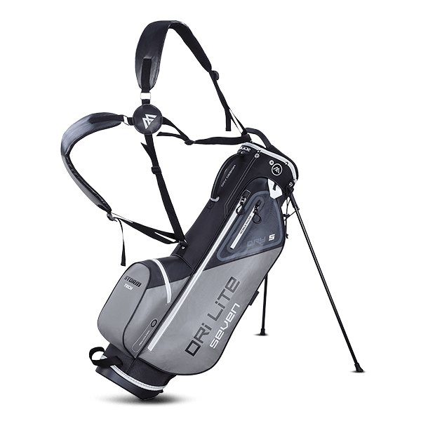 Golf-Standbag Big Max Dri Lite Seven in Grau und Dunkelblau mit mehreren Taschen und verstellbaren Trägern.