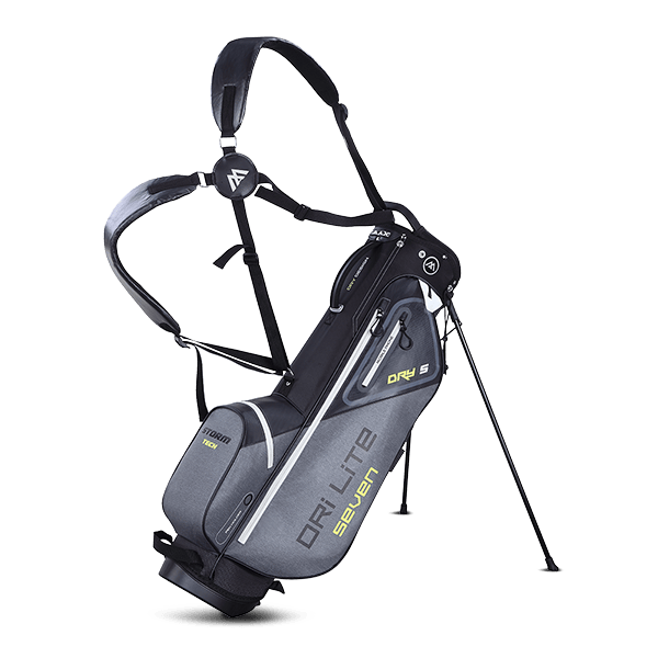 Anthrazitfarbenes Big Max Dri Lite Seven G Standbag mit mehreren Fächern und Trageriemen.