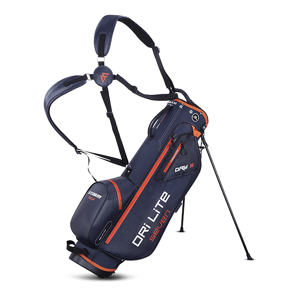 Dunkelblaues Big Max Dri Lite Seven G Golf-Standbag mit roten Akzenten und Tragegurt.