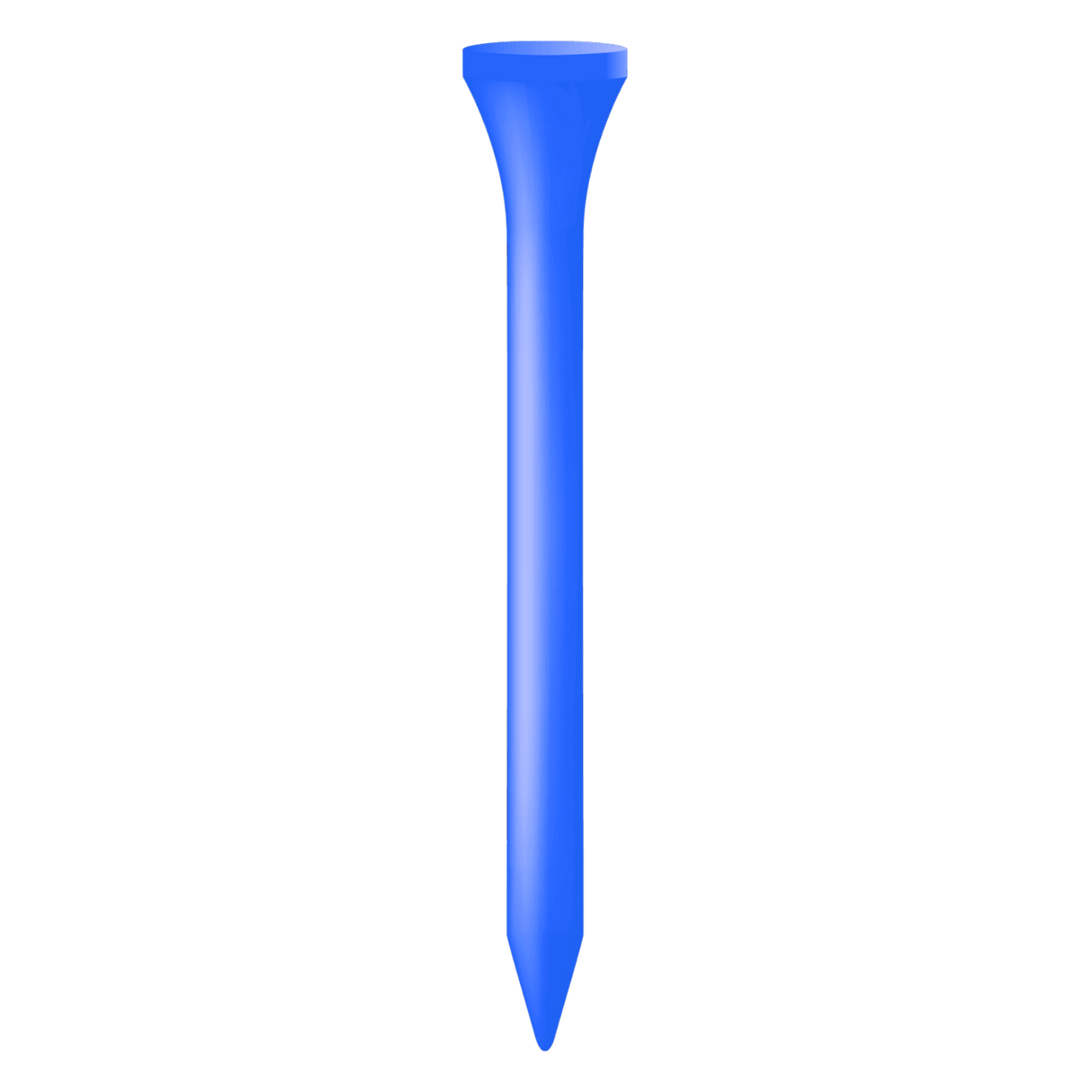 Kurzer blauer Holztees mit glattem Finish, Höhe 5,4 cm, spitz zulaufend.