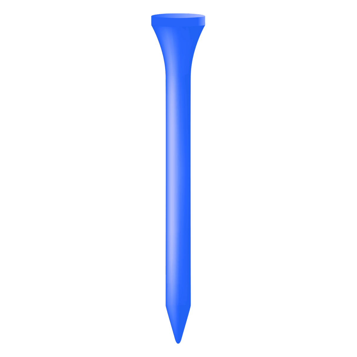 Kurzer blauer Holztees mit glattem Finish, Höhe 5,4 cm, spitz zulaufend.