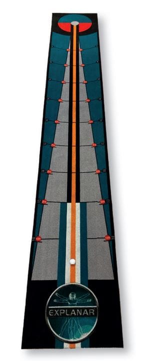Golftech Explanar Putting Matte mit Zielhilfe und Markierungen, 3 Meter Länge, Schwarz mit grauem Putting-Bereich und roten.