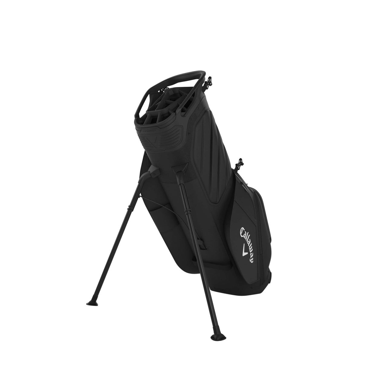 Schwarze Callaway Fairway 14 Stand-Golftasche mit stabilen Gestellbeinen und mehreren Taschen.