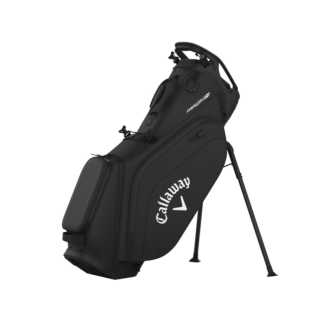 Schwarzes Callaway Fairway 14 Golfstandbag mit mehreren Taschen und ausklappbaren Standfüßen.