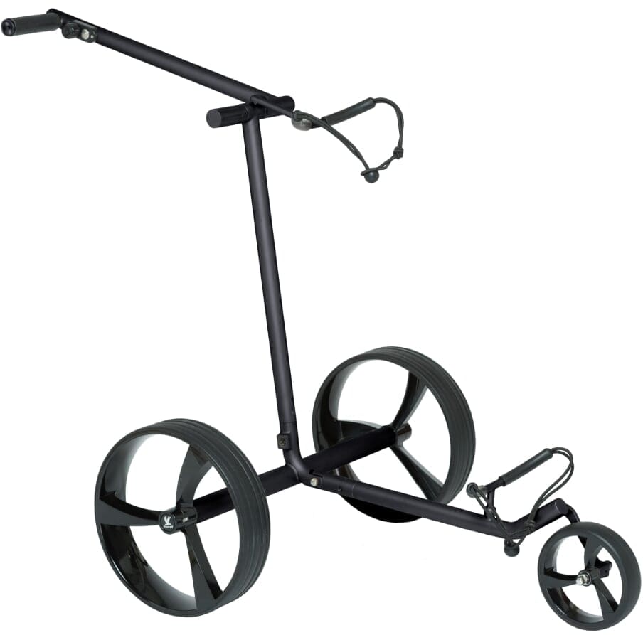 Schwarzer Leisure Golf Spirit Elektrotrolley mit drei Rädern und verstellbarem Griff in matt pulverbeschichtetem Schwarz.