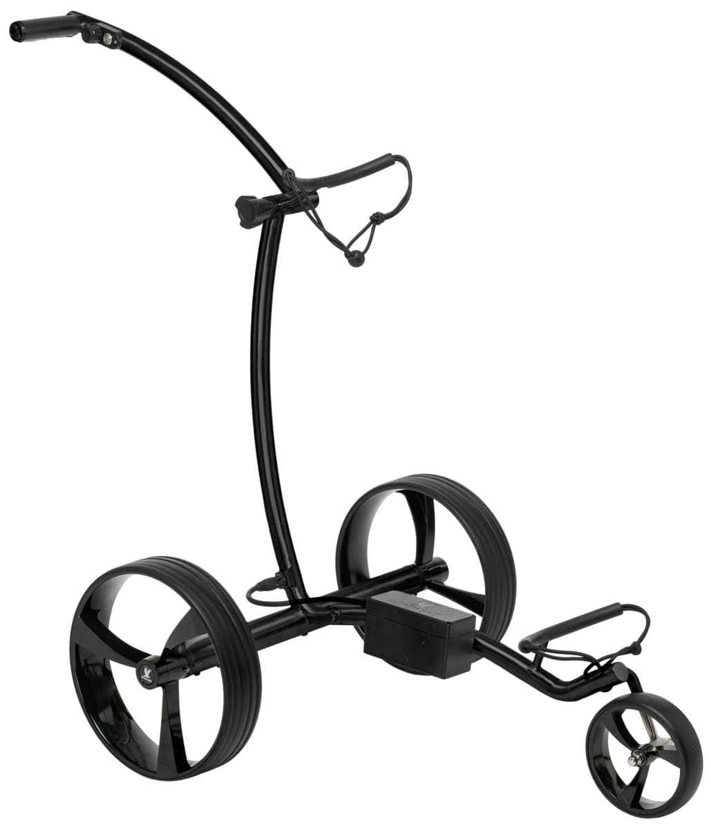 Schwarzer elektrischer Golf-Trolley mit drei Rädern und gebogenem Griff aus Metall.