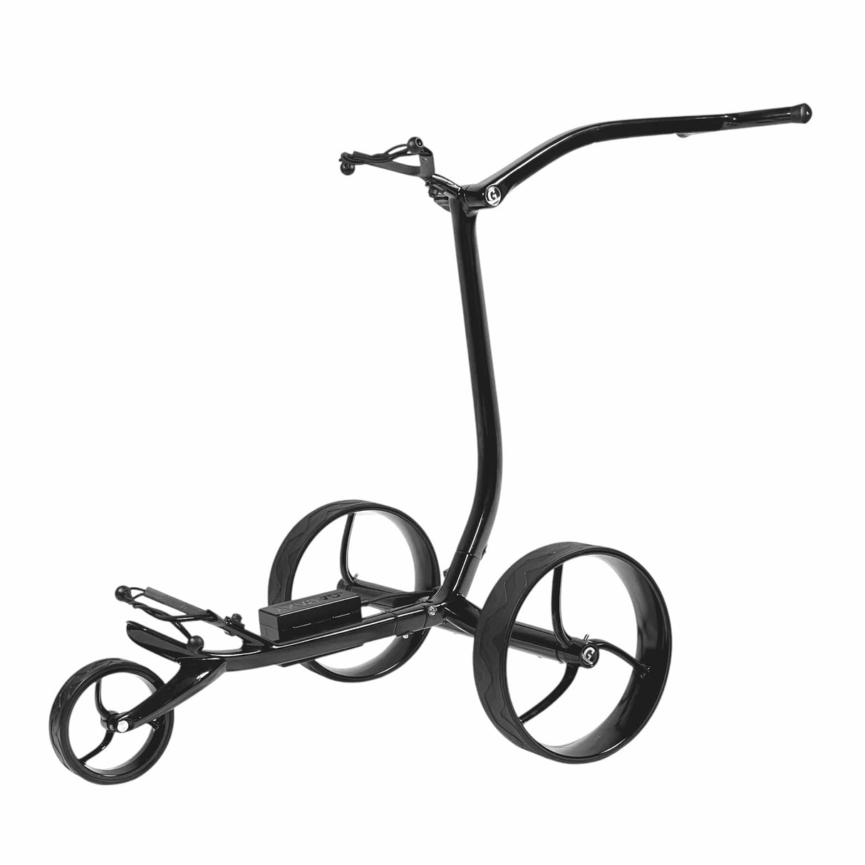 Schwarzer Galaxy Carbon Elektrotrolley mit drei Rädern und minimalistischer Rahmenkonstruktion.