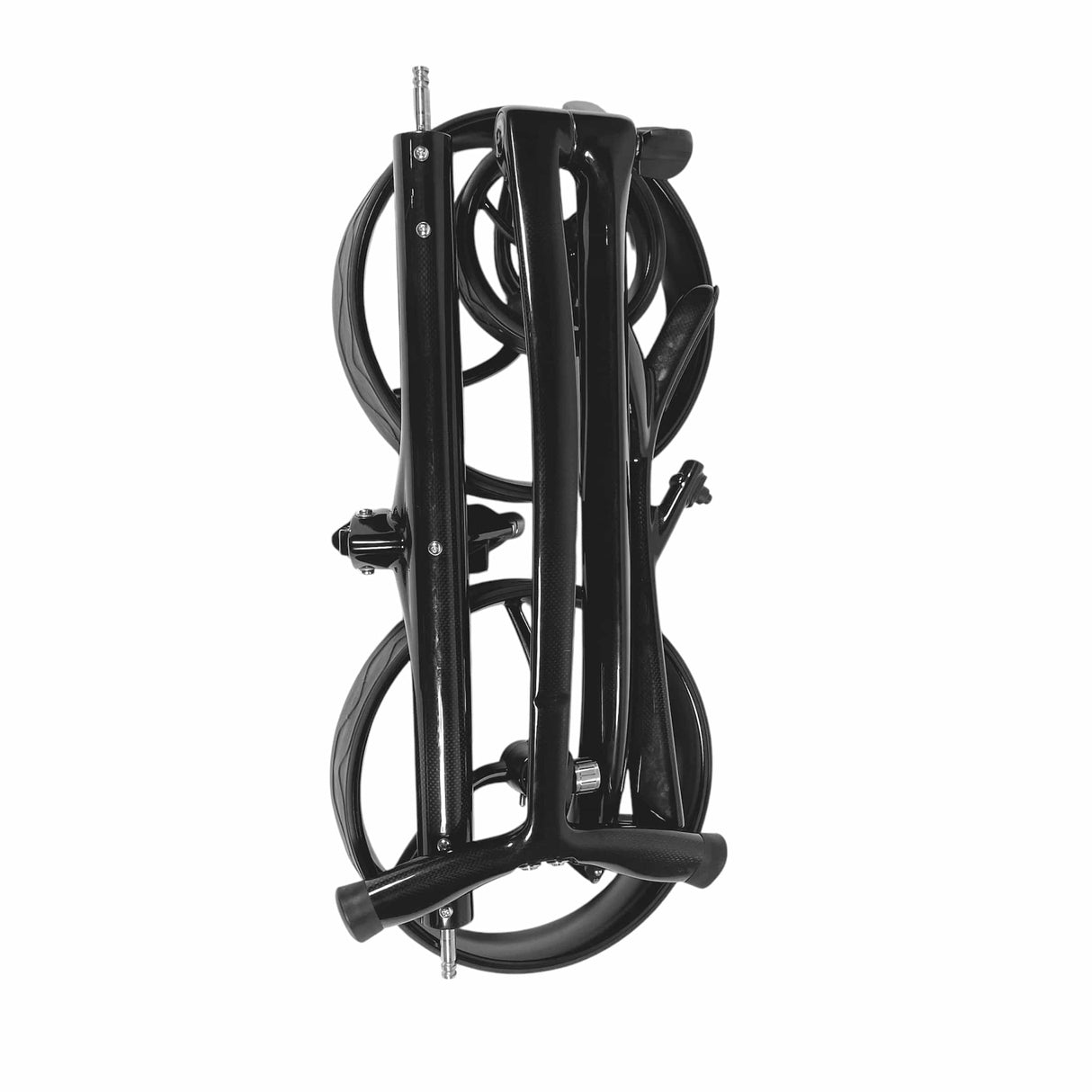 Gefalteter schwarzer Galaxy Carbon Elektrogolftrolley aus Carbonmaterial mit schlankem Rahmen.