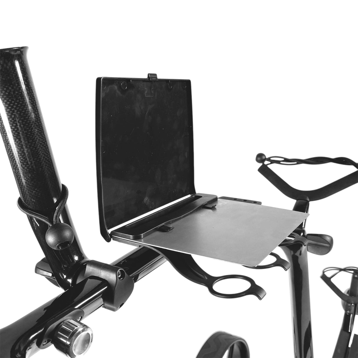 Schwarzes Galaxy Carbon Elektrotrolley Bedienfeld mit klappbarem Tablet-Halter aus Metall.