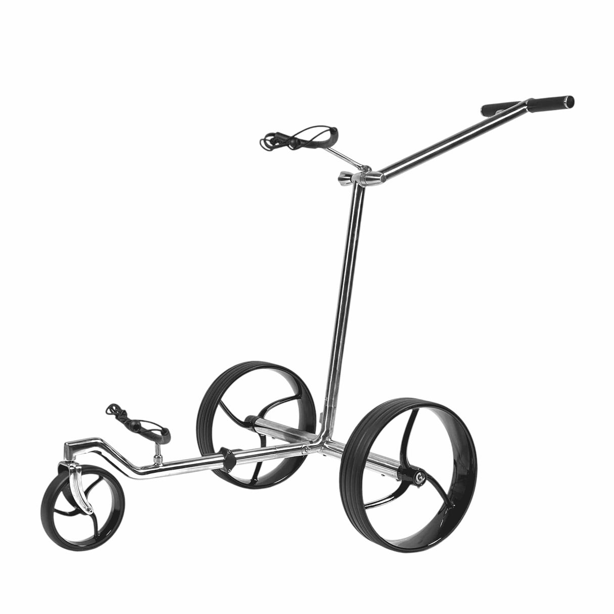 Edelstahl-Golftrolley mit drei schwarzen Rädern und verstellbarem Griff.