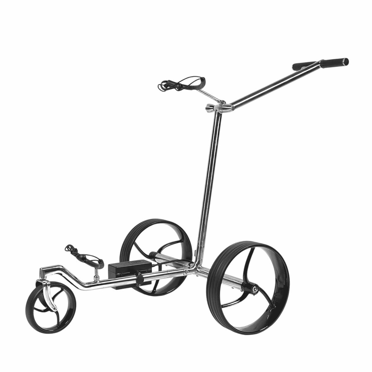 Edelstahl-Golftrolley GALAXY mit drei Rädern und Fernbedienung im minimalistischen Design.