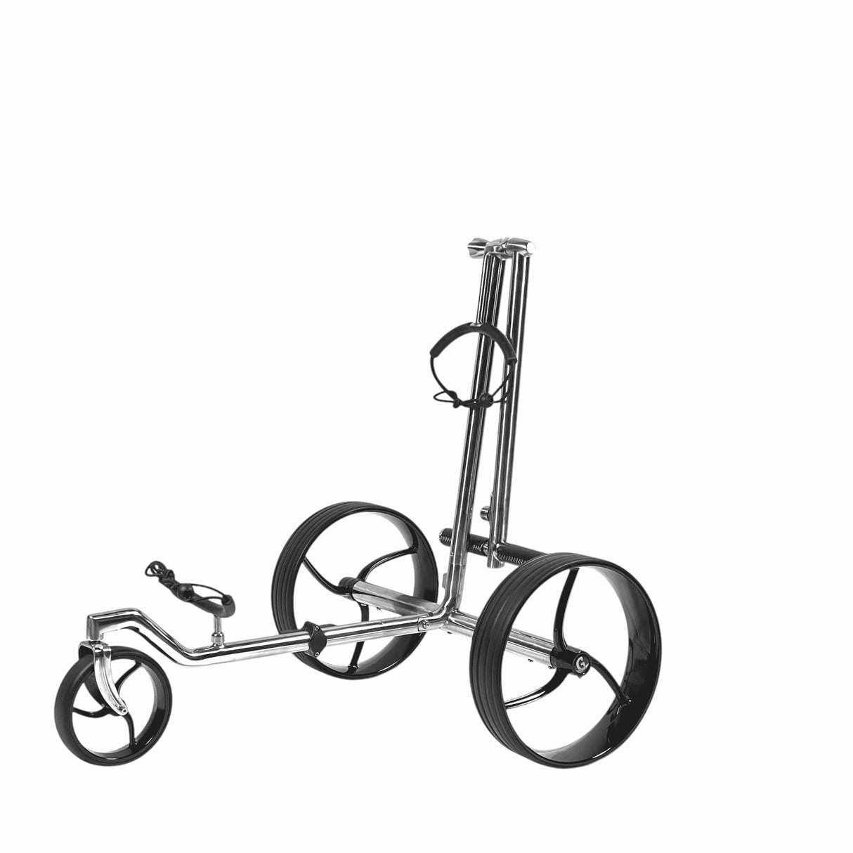 Edelstahl-Golftrolley GALAXY mit drei Rädern und Fernbedienung in modernem Design.