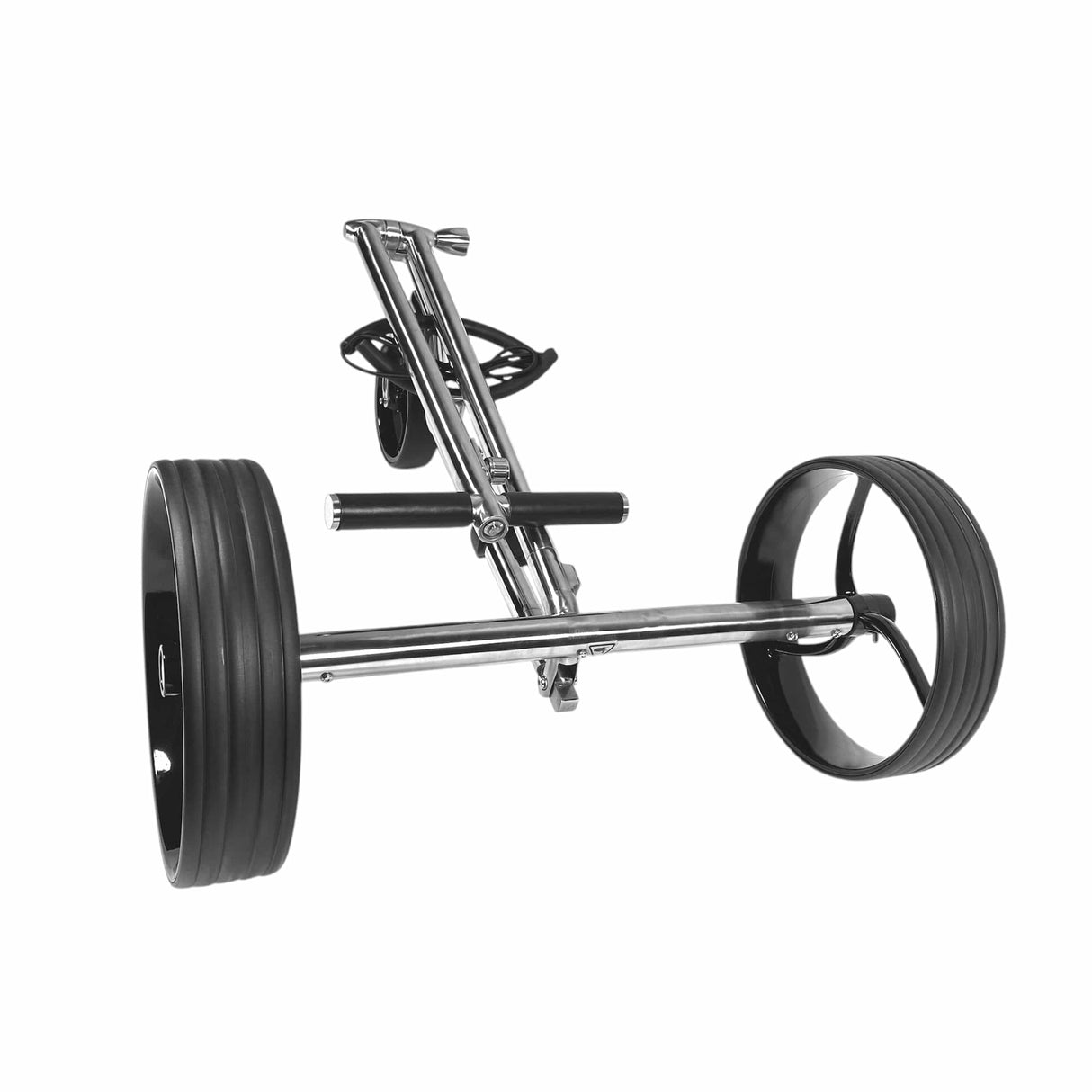 Silberner Edelstahl-Golftrolley mit robusten schwarzen Reifen und klappbarem Rahmen.
