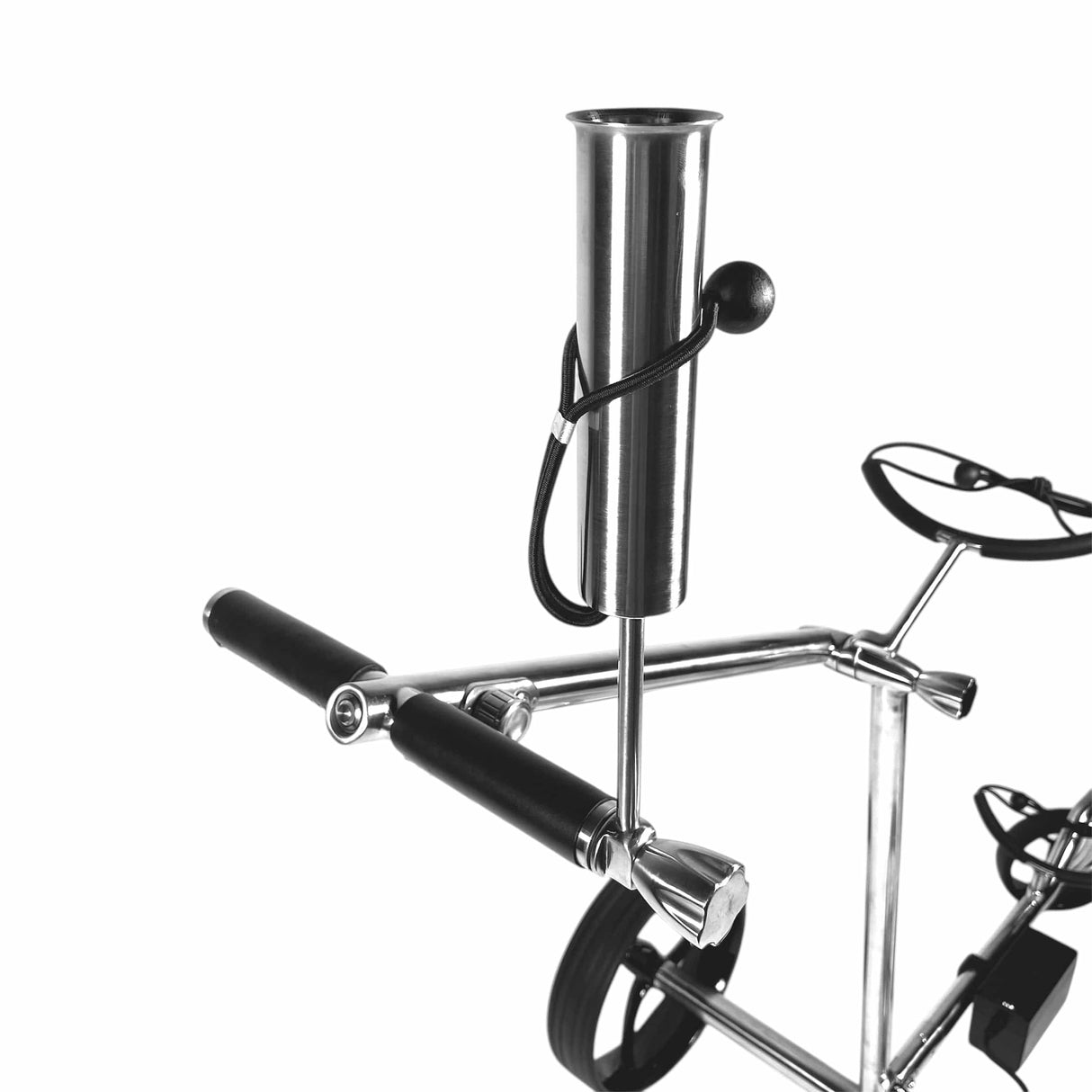 Edelstahl-Golftrolley mit Teleskopgriff und Halterung für Regenschirm, modernes Design.