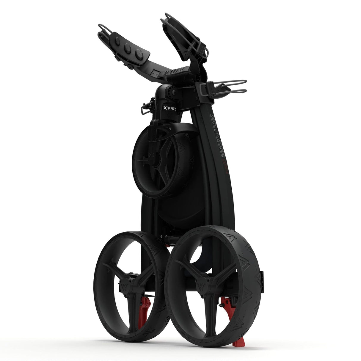 Schwarzer Blade IP 2.0 Golftrolley mit drei Rädern und integriertem Griffsystem.