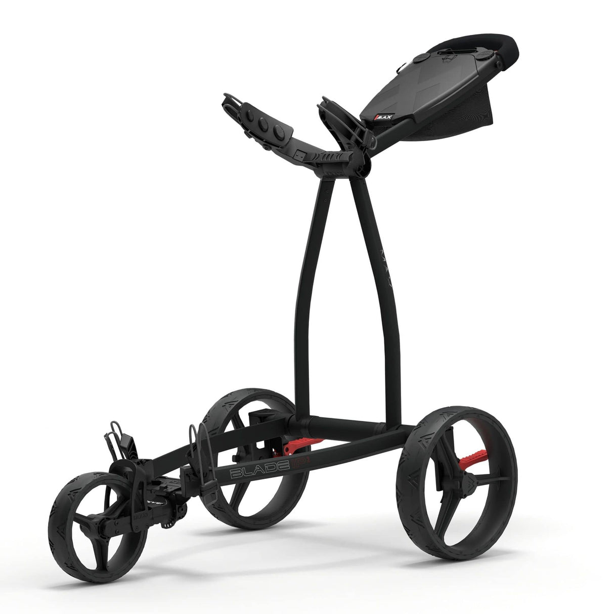 Schwarzer 3-Rad-Golftrolley Blade IP 2.0 mit ergonomischem Griff und praktischem Ablagefach.