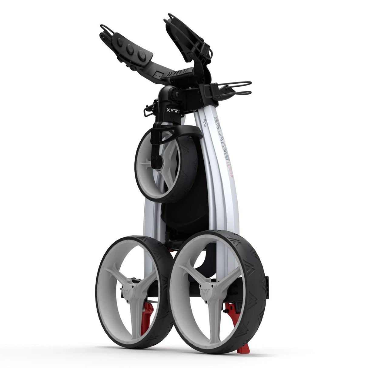 Drei-Rad-Golftrolley in Weiß mit grauen Reifen und kompaktem, modernem Design.