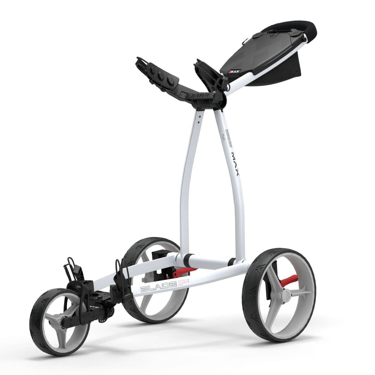 Weißer 3-Rad Golf Trolley Blade IP 2.0 mit sehr stabiler Rahmenkonstruktion und verstellbarem Griff.