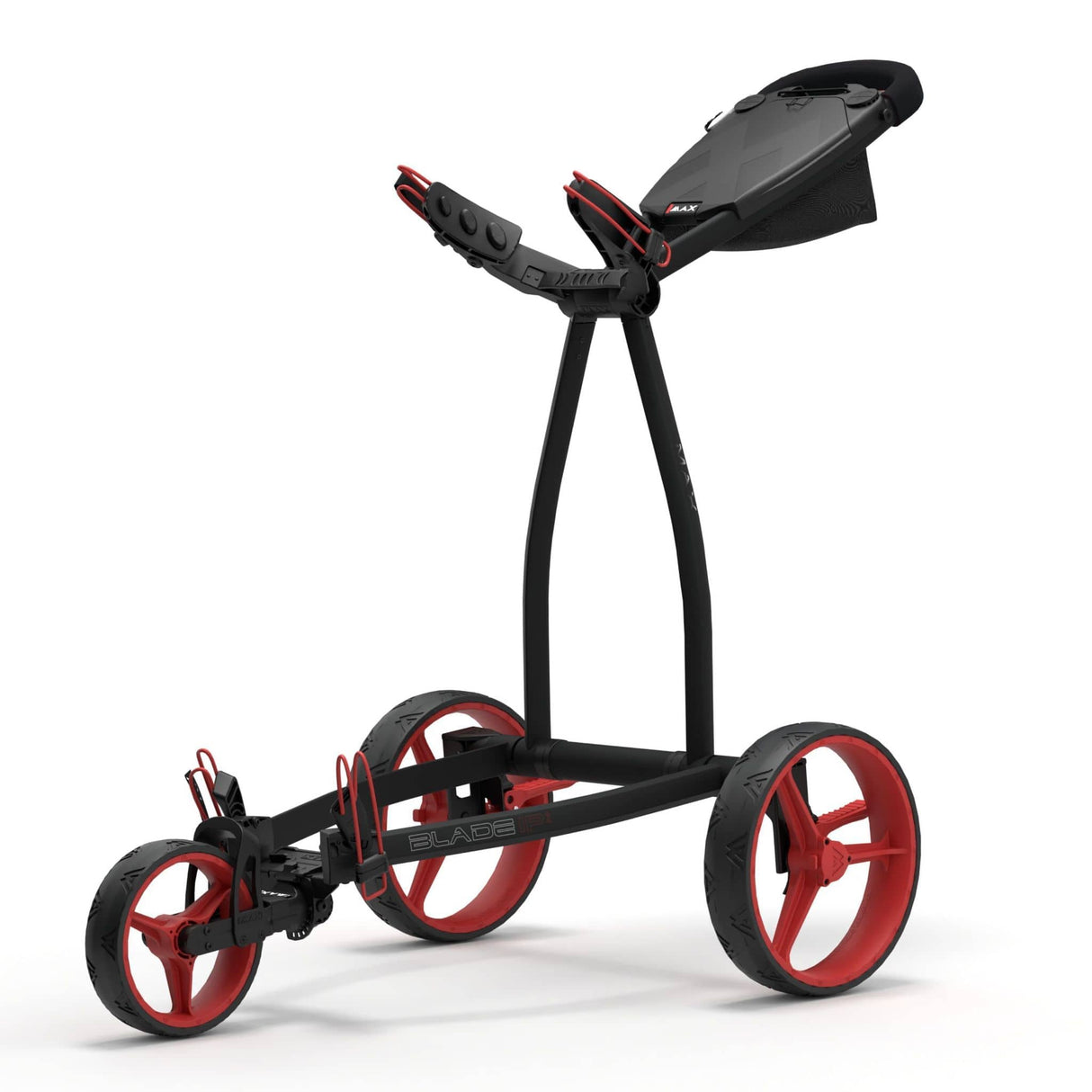 Phantom Black-Red 3-Rad Golf Trolley mit robustem Rahmen und praktischem Griffbereich.