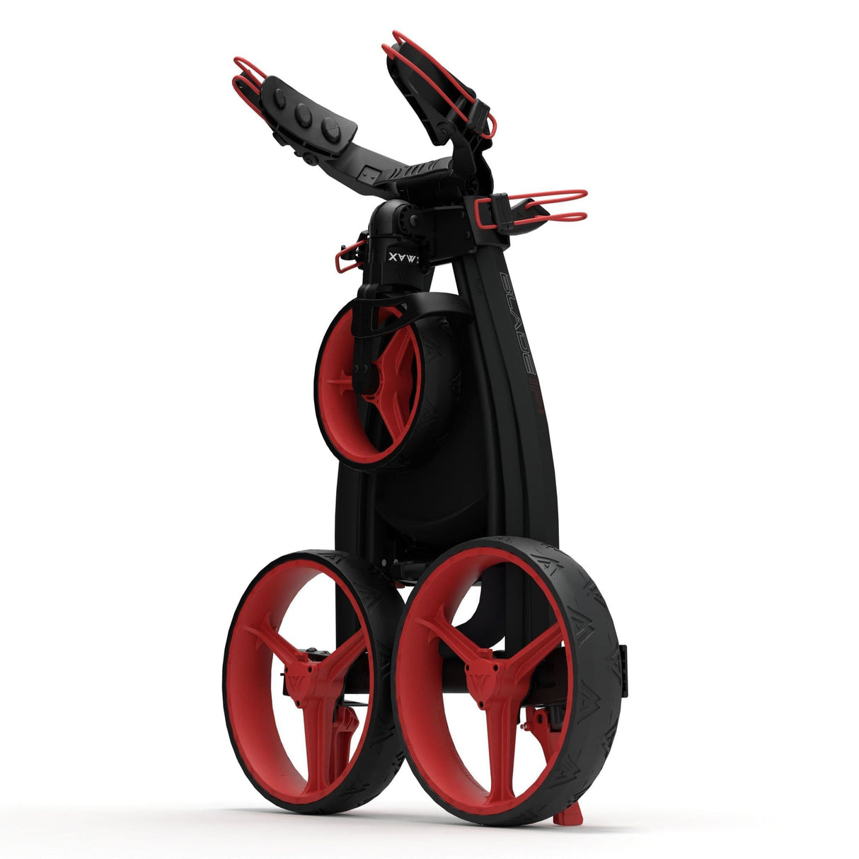 Schwarzer Golf-Trolley Blade IP 2.0 mit roten Akzenten und drei rot-schwarzen Rädern.