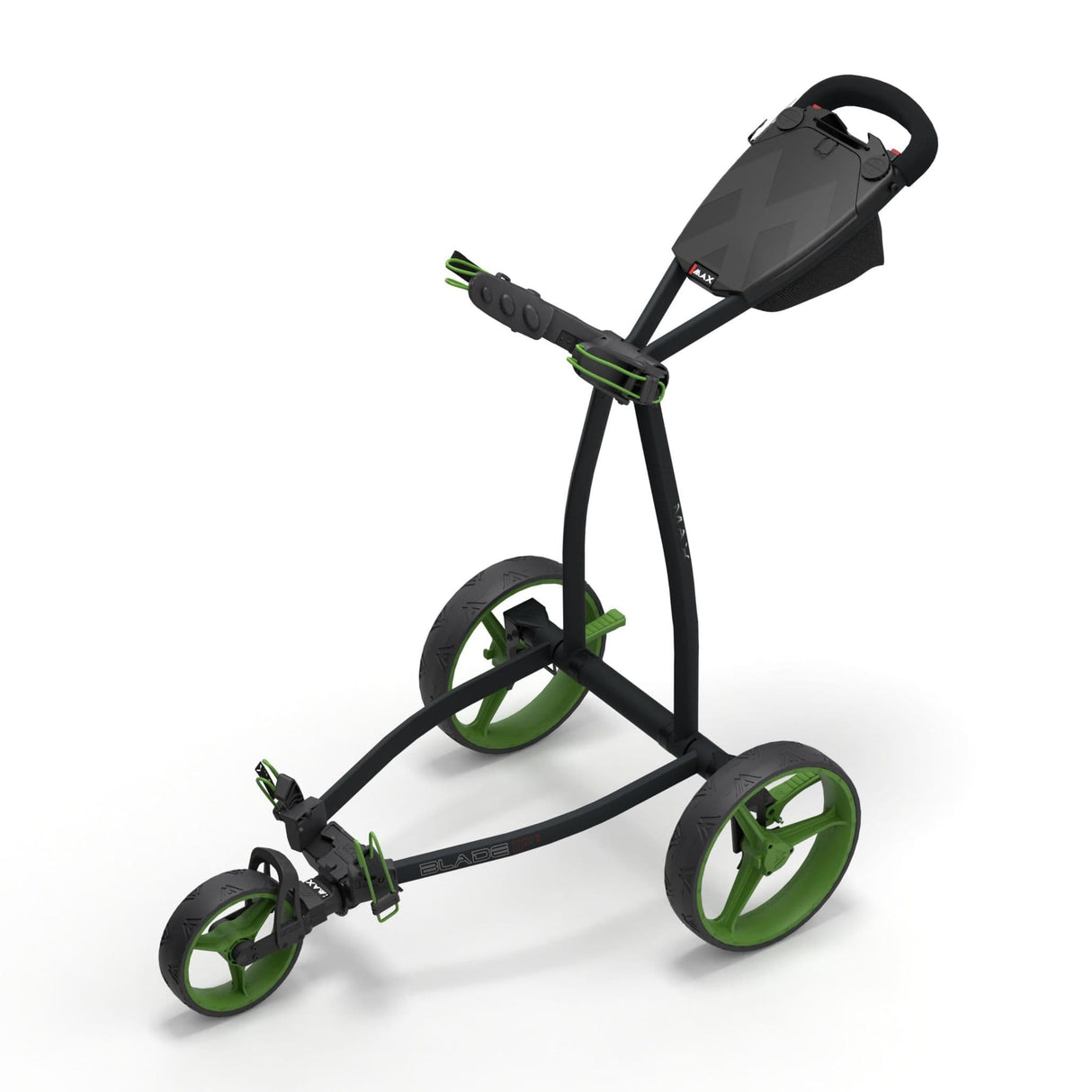 Schwarzer 3-Rad-Golftrolley mit limettengrünen Felgen und integriertem Grifffach.