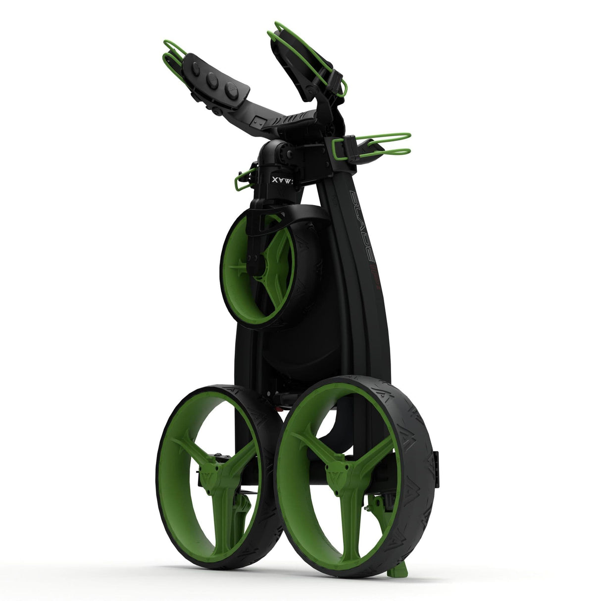 Schwarzer 3-Rad-Golftrolley mit limettengrünen Akzenten und großem Radprofil, inkl. Zubehörhalterung.