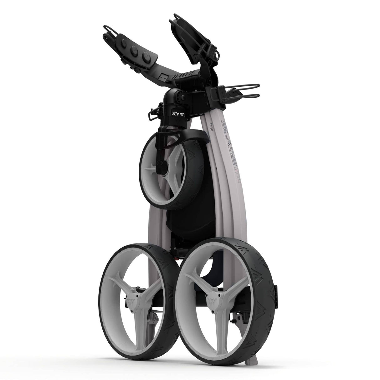 Grauer Big Max Blade IP 2.0 3-Rad-Golftrolley mit schwarzem Griff und Tragetasche.