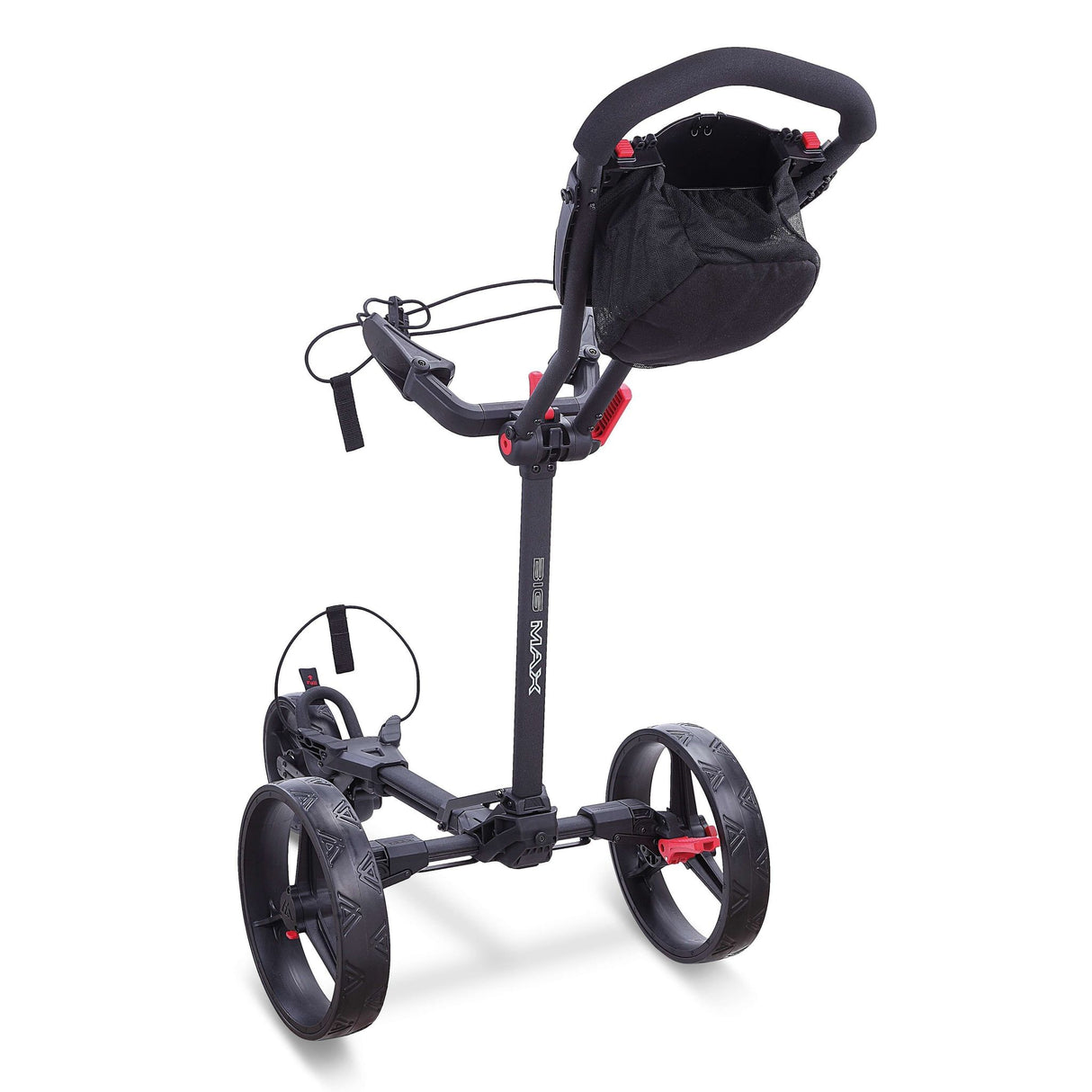 Big Max Blade Trio 3-Rad-Golftrolley in Schwarz mit roten Akzenten und gepolstertem Griff.