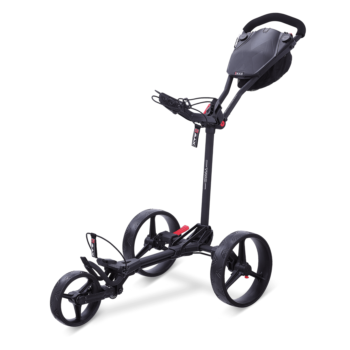 Grauer Big Max Blade Trio 3-Rad-Golftrolley mit schwarzem Griff und roten Akzenten.