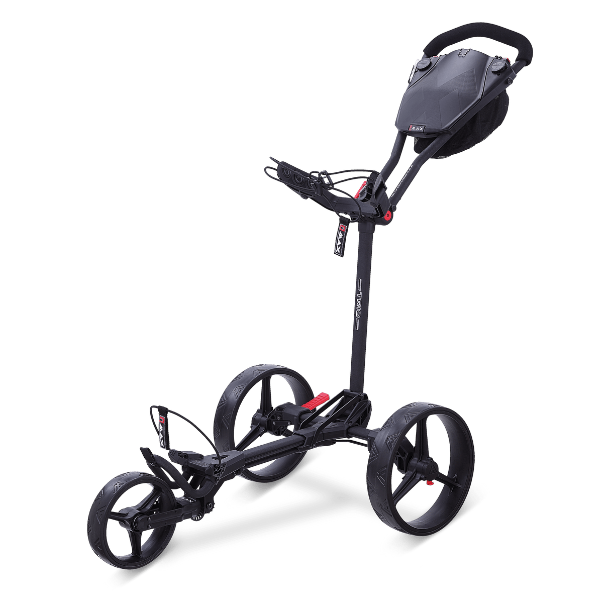 Grauer Big Max Blade Trio 3-Rad-Golftrolley mit schwarzem Griff und roten Akzenten.