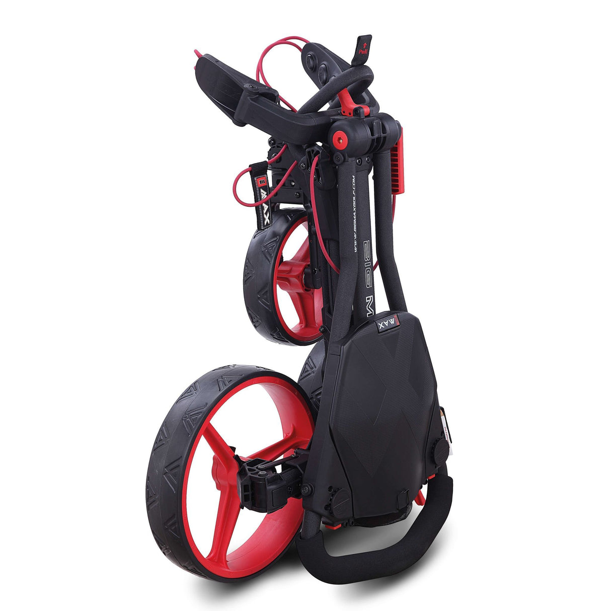 Schwarzer Big Max Blade Trio 3-Rad-Golftrolley mit roten Akzenten und großem Stauraumfach.