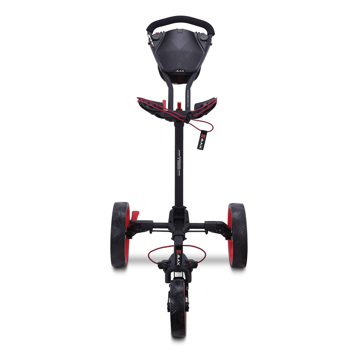 Dreirädriger schwarzer Golf-Trolley Big Max Blade Trio mit rot akzentuiertem Griff und Rädern.