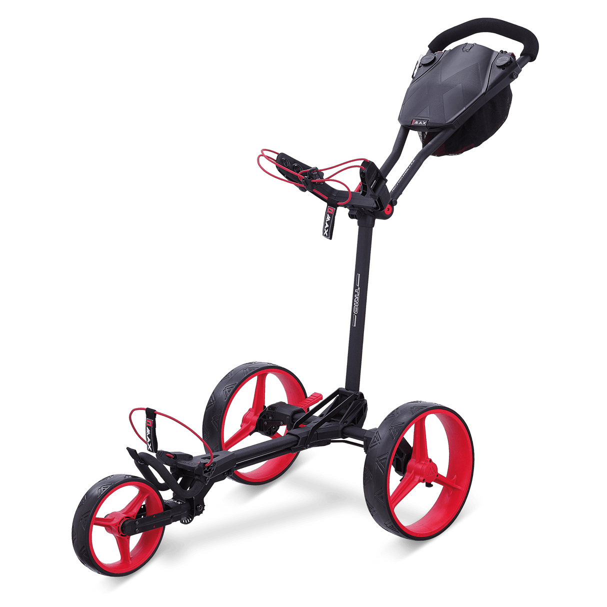 Big Max Blade Trio Golftrolley in Phantom Black-Rot mit drei Rädern und starrer Griffstütze.