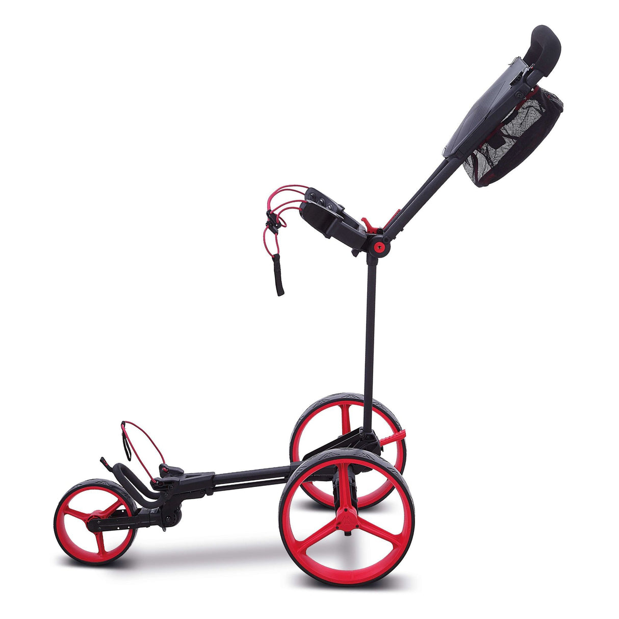 Schwarzer Big Max Blade Trio Golftrolley mit roten Rädern und schwarzem Grifffach.