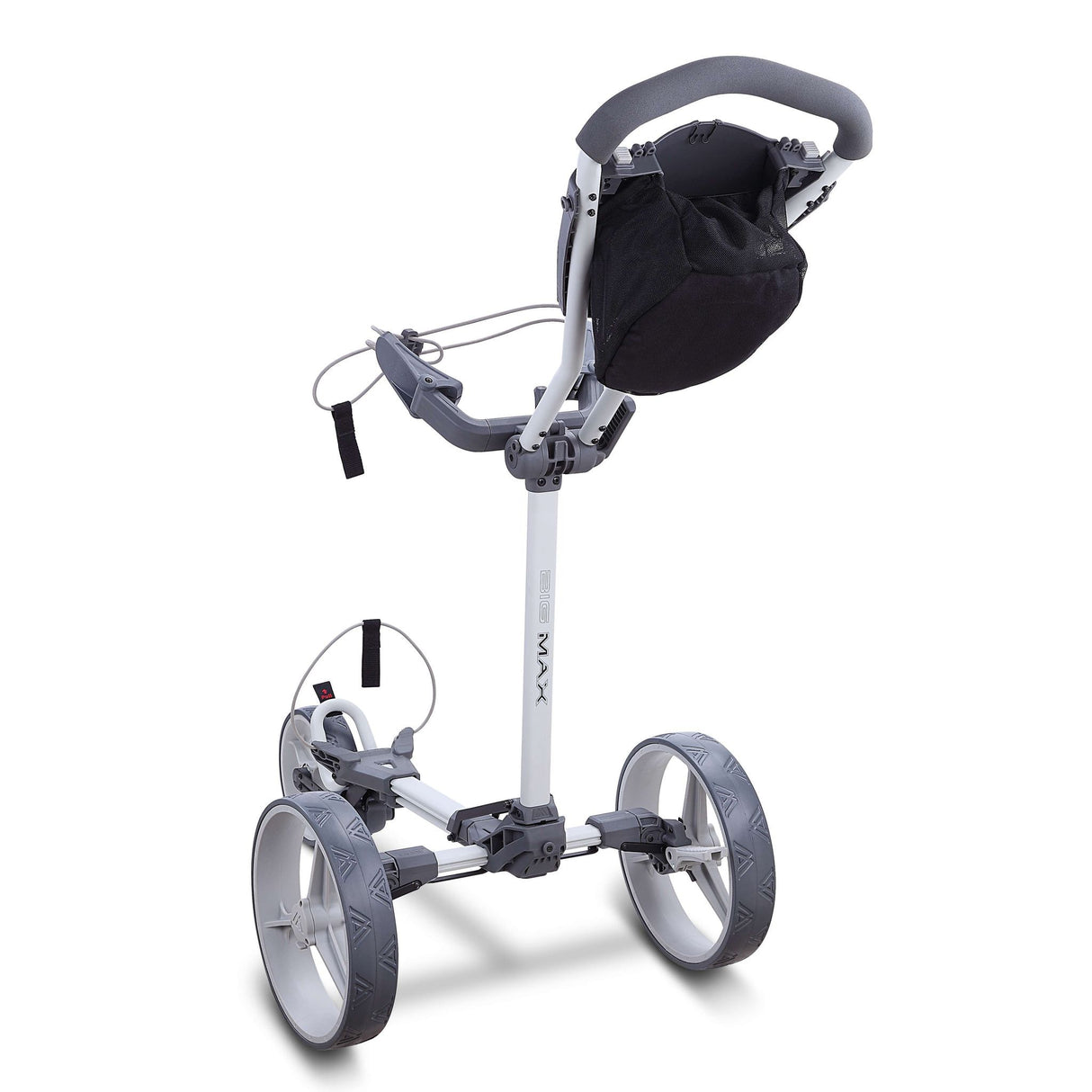 Big Max Blade Trio Golftrolley in Grau mit drei Rädern, verstellbarem Griff und stabiler Rahmenstruktur.