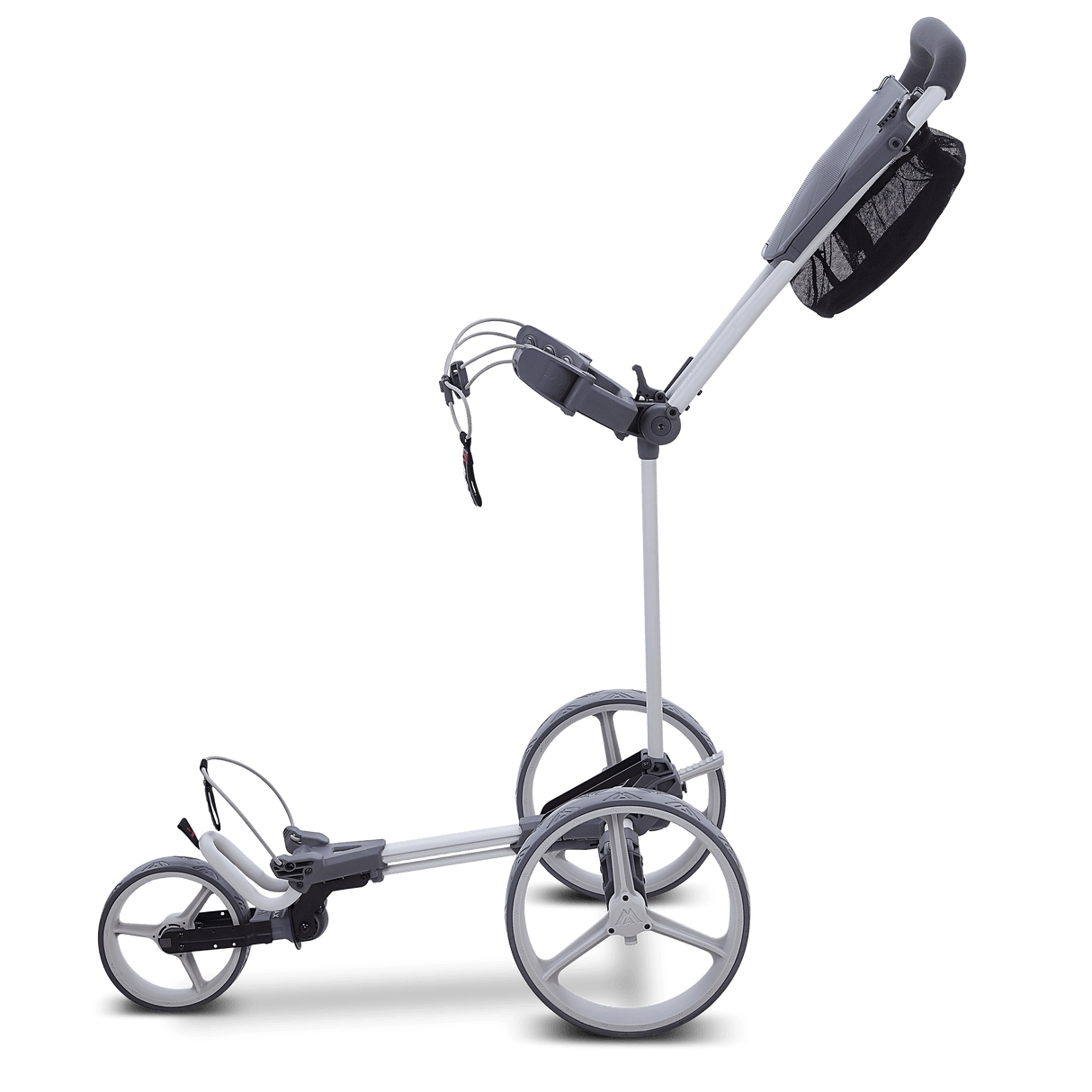 Grauer 3-Rad-Golftrolley Big Max Blade Trio mit verstellbarem Griff und Zubehörhalterung.