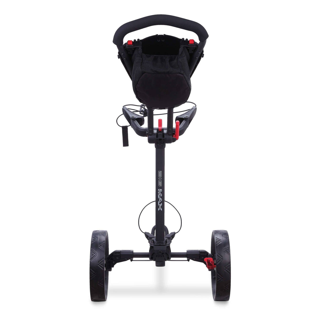 Schwarzer Big Max Blade Trio 3-Rad-Golftrolley mit ergonomischem Griff und robustem Gestell.