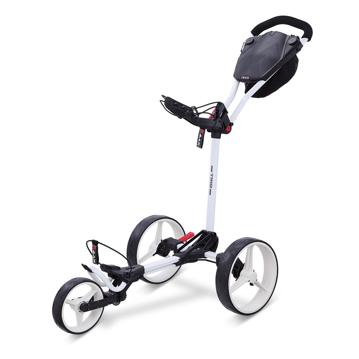 Weißer 3-Rad-Golftrolley Big Max Blade Trio mit verstellbarem Griff und Tragefach.