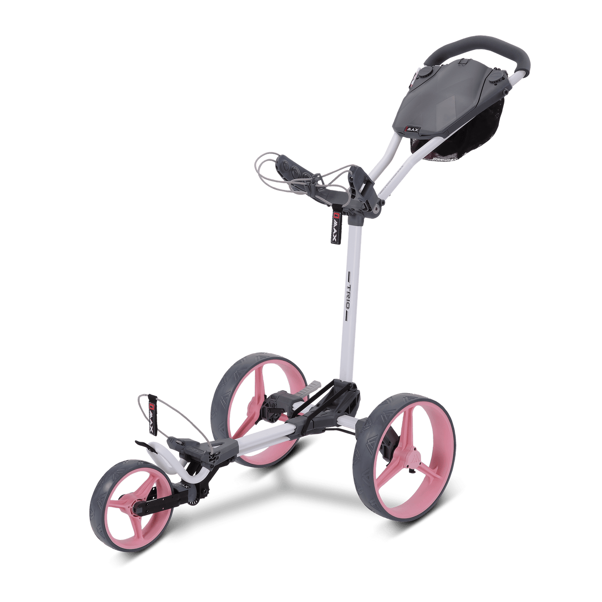 Dreirädriger Big Max Blade Trio Golftrolley in Weiß, Pink und Anthrazit mit verstellbarem Griff und Zubehörhalterung.