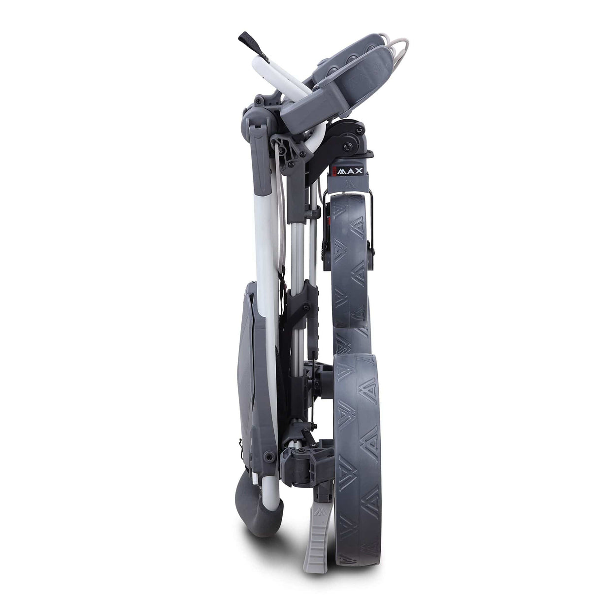 Faltbarer Big Max Blade Trio Golftrolley in Grau-Charkol mit Zubehör und drei Rädern, kompakt zusammengeklappt.
