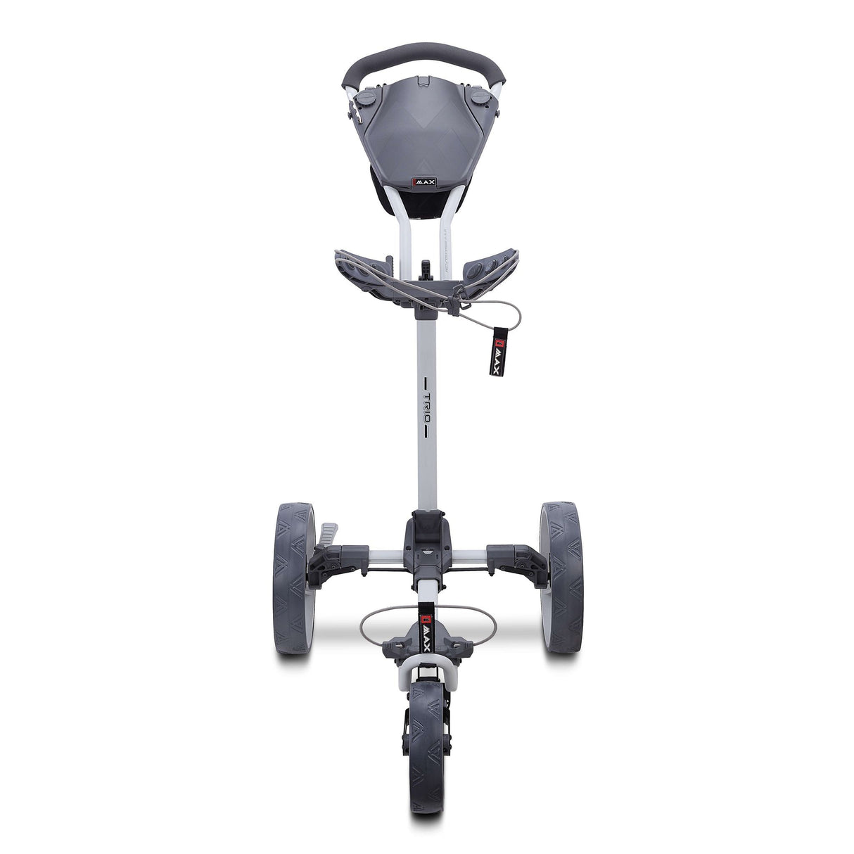 Dreirädriger Big Max Blade Trio Golf-Trolley in Grau mit verstellbarem Griff und Radaufhängung.