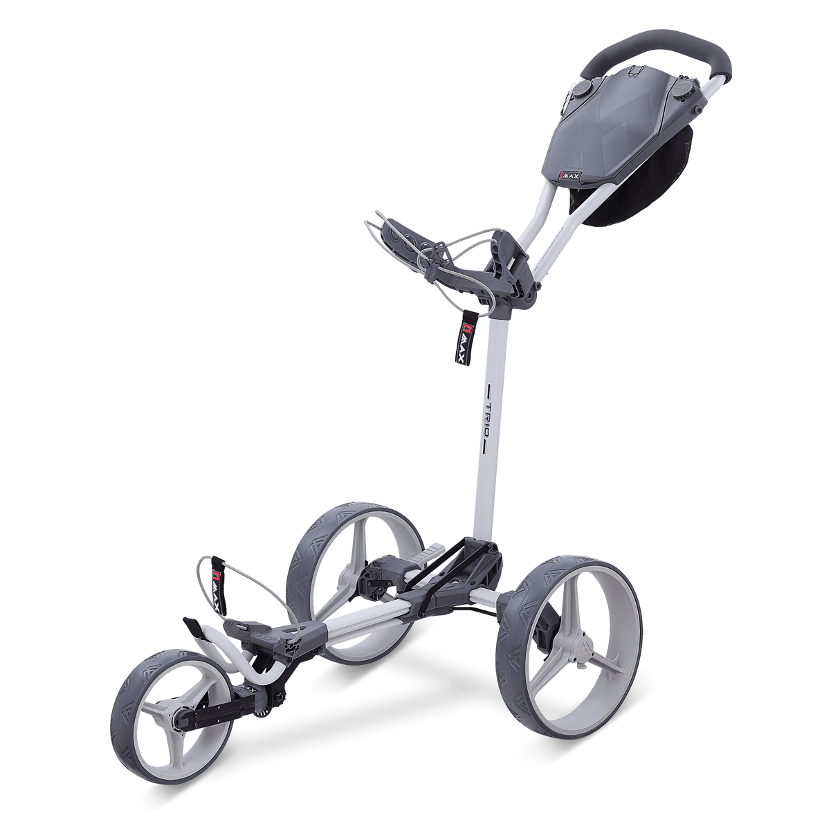 Grauer Big Max Blade Trio 3-Rad-Golftrolley mit verstellbarem Griff und Zubehörhalterung.