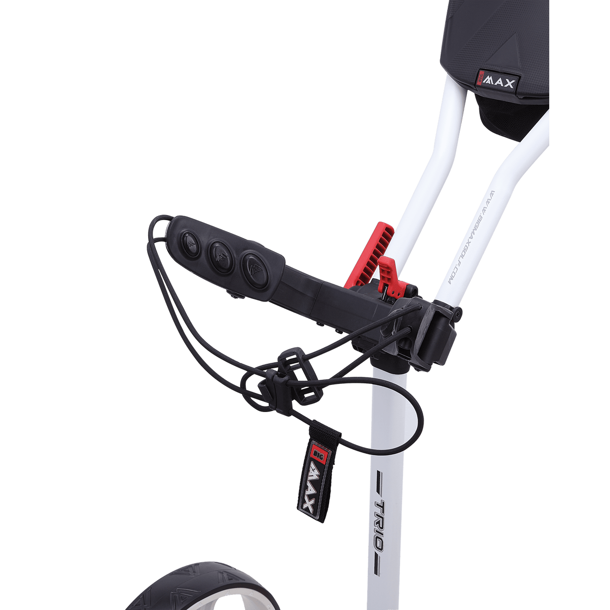 Weiß-pinker Golf-Trolley von Big Max mit drei Rädern und integriertem Griffdetails.