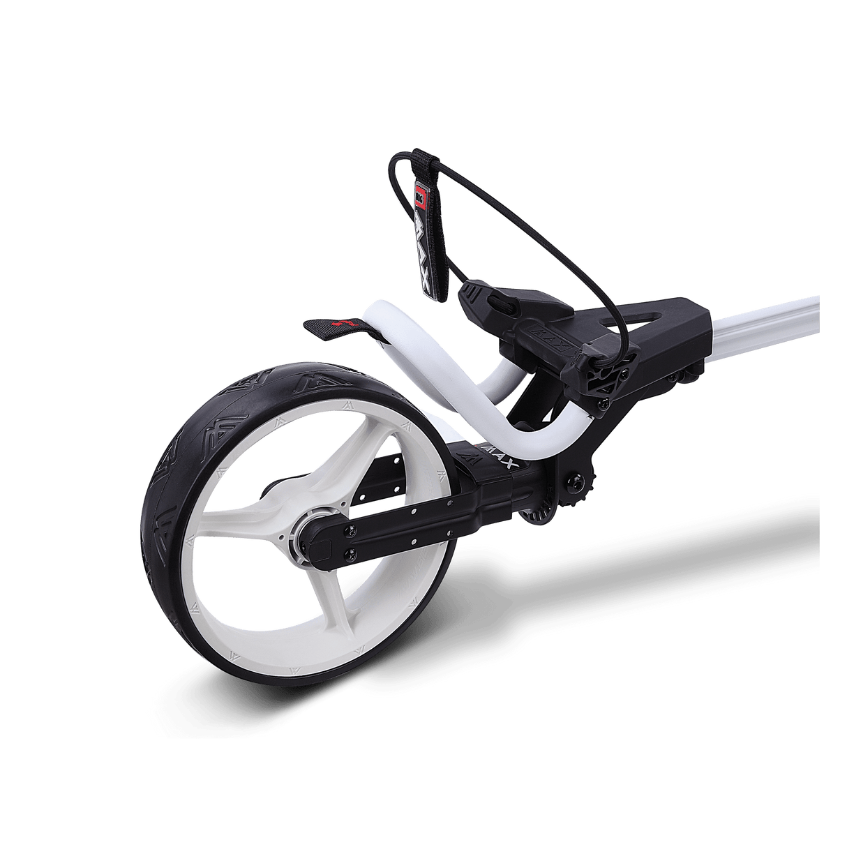 Weißer und pinker 3-Rad-Golftrolley mit grauen Akzenten, nahaufnahme des vorderen Rads und Rahmens.